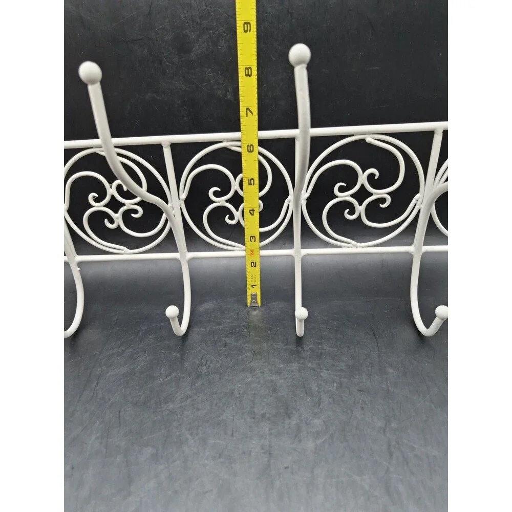 White Ornate Metal Scroll Work Wall Mount Coat Towel Rack 12 Hooks Cottage Core